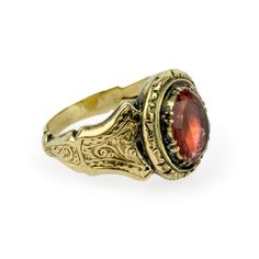 "This charming late Georgian or early Victorian ring centers on faceted foil backed rock crystal. Hand fabricated in 10k gold with delicate chased details. Currently a size 4.5 Measurements: 1/2\" north to south Weight: 2.7 grams Condition notes: one tiny chip and minor wear to the facets, some discoloration and crazing to the foil, no restorations. Care should be given to not to immerse in water." Antique Yellow Gold Ring, Antique Yellow Gold Ring Jewelry, Heirloom Gold Topaz Ring With Rose Cut Diamonds, Antique Engraved Yellow Gold Ring With Gemstone, Victorian Yellow Gold Engraved Ring With Intaglio, Antique Yellow Gold Intaglio Jewelry, Antique Domed Gold Ring, Victorian Gold Domed Rings, Victorian Engraved Yellow Gold Ring With Intaglio