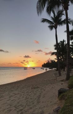 the sun is setting on the beach with boats in the water and palm trees lining the shore