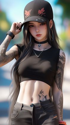 a woman with tattoos and piercings wearing a baseball cap is posing for the camera