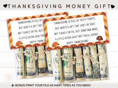 two stacks of money with the words thanksgiving giving money gift