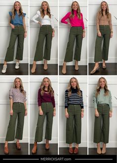 Tops For Green Pants, Combination With Green Pants, Green Pairing Color Outfit, Yellow And Olive Green Outfit, Olive Green Pants Outfit Women Work, Olive Palazzo Pants Outfit, Style Green Pants For Women, Colors To Wear With Olive Green Pants, Dark Olive Green Pants Outfit