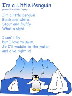 an image of a penguin saying i'm a little penguin in front of icebergs