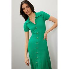 Green (Lower main fabric: 62% Viscose, 38% Polyamide; Upper main fabric: 53% Viscose, 45% Polyamide, 2% Elastane). Casual dress. Short sleeves. Collared. Front button closure. 49" from shoulder to hemline. Imported. Fitted V-neck Viscose Shirt Dress, Summer Evening Midi Dress With Button Closure, Chic Fitted Long Shirt Dress, Summer Evening Maxi Dress With Buttons, Maxi Length Party Dress With Button Closure, Fitted Mid-length Dress With Button Closure, Green Fitted Midi Shirt Dress, Chic Green Daywear Dress, Fitted A-line Maxi Dress With Button Closure