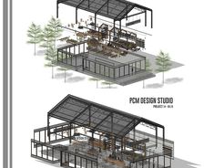 two renderings of an outdoor dining area with tables and chairs, one in the shade