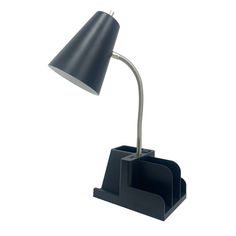 a desk lamp with a black shade on the base and a metal holder underneath it