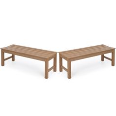 two wooden benches sitting next to each other on a white background and one bench is made out of wood