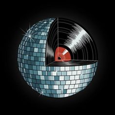 a disco ball with a record in it on a black background illustration by corbi