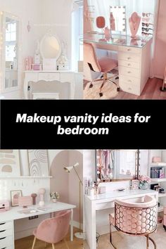 Makeup vanity ideas for bedroom Bedroom Ideas With Makeup Vanity, Corner Desk Vanity Ideas, Kid Vanity Ideas Girl Rooms, Teen Vanity Ideas Bedroom, Teen Makeup Vanity, Teen Vanity Ideas, Vanity Organization Ideas Bedroom, Bedroom Vanity Ideas Makeup Desk