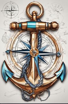 an anchor, compass and rope on a white background with watercolors in the foreground