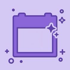 a purple square icon with stars and circles around it on a lilac colored background