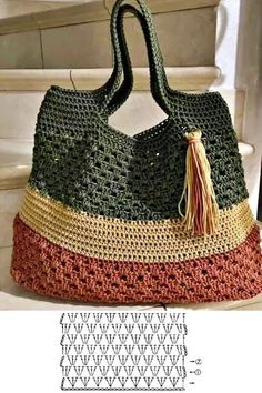 a crocheted purse with tassels on the bottom and side, in different colors