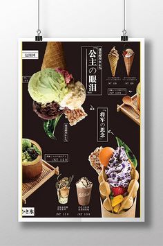 a poster with an image of ice cream cones and other food items on the side