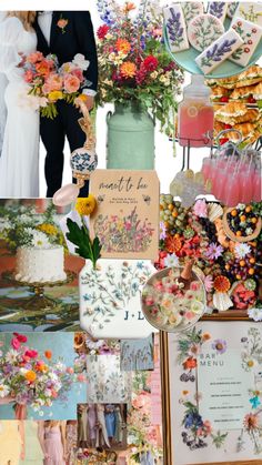 a collage of different pictures with flowers and wedding decorations on them, including cake