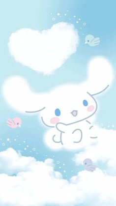 an animated bunny floating in the sky above clouds