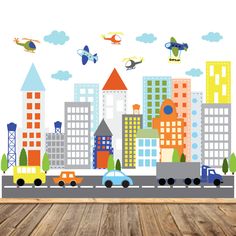 an image of a city with cars and planes flying over it wall decal sticker