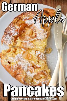 german apple pancakes on a white plate with powdered sugar and fork next to it