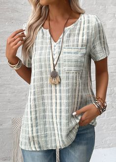 Casual Blouse With Buttons And Split Neck, Casual Split Neck Top With Buttons, Casual Split Neck Blouse With Button Closure, Striped V-neck Top With Buttons, Button Embellishments, Casual Stripes, Striped Blouse, Short Sleeve Blouse, A Dream