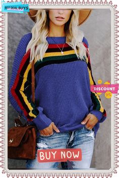 Stripes Knitted Crew Neck Long Sleeve Sweater Striped Knit Long Sleeve Sweater, Striped Long Sleeve Knit Sweater, Purple Knitted Sweater For Fall, Purple Knit Sweater For Fall, Multicolor Ribbed Crew Neck Sweater, Purple Knitted Long Sleeve Sweater, Multicolor Soft Knit Crew Neck Sweater, Multicolor Crew Neck Soft Knit Sweater, Striped Long Sleeve Knit Top For Fall