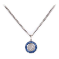 A DELICATE & GRACEFUL GIFT Simple, delicate, and everlasting, our Sterling Silver St. Christopher Necklace is a piece of fine jewelry that will never go out of style. The beautiful pendant is sterling silver with a beautiful blue outer rim adorned with the words “SAINT CHRISTOPHER PROTECTS US.” It makes a statement against the simple 24” (2mm) stainless steel chain necklace. It is the perfect gift for a religious milestone or event. [split] High-quality materials:This necklace is beautiful and d Blue Medallion Jewelry With Polished Finish, Blue Coin Pendant Jewelry As Gift, Blue Coin Pendant Jewelry For Gifts, Blue Engraved Round Pendant Necklace, Blue Hallmarked Medallion Jewelry, Blue Medallion Jewelry For Anniversary, Sterling Silver Necklace With Miraculous Medal, Sterling Silver Round Pendant Necklace For Commemoration, Blue Sterling Silver Necklaces Engraved