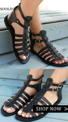 Black Faux Leather Flat Sandals Buckle Strap Water Sandals Gladiator Sandals Heels, Black Sandals Flat, Flat Gladiator Sandals, Toe Slippers, Brown Wedge Sandals, Ankle Sandals, Elegant Sandals, Comfortable Slippers, Water Sandals