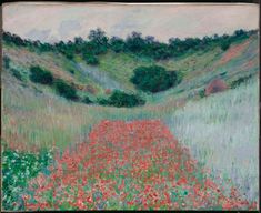 an impressionist painting of a field with flowers in the foreground and hills in the background