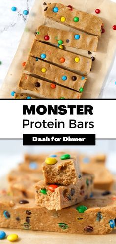 monster protein bars stacked on top of each other with candy and sprinkles