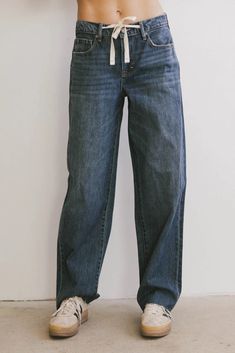 High rise denim pants in dark wash Baggy Dark Wash Wide Leg Bottoms, Baggy Dark Wash Denim Wide Leg Pants, Baggy Dark Wash Full Length Jeans, Baggy Dark Wash Wide-leg Bottoms, Affordable Baggy Wide-leg Jeans, Denim Jumpsuit Overalls, Tie Shoelaces, Comfy Jeans, Layered Sweater