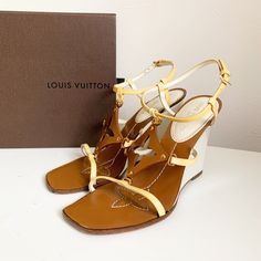 "Brand Louis Vuitton ルイヴィトン made in ITALY Color Camek Brown×light beige× Ivory× white MATERIAL leather ×patent leather Size 36 Actual size Outsole maximum width of about 8.5cm /3.3465 in heel height of about 10cm/3.937 in ※1 inch 2.54 cm Condittion Good condition. It is in good condition with little usability. There is some usability on the outsole.（Photo 9） but others are not, such as dirt and damage that stands out, it is a good state. It comes with a box, but there is some damage to the box. Luxury Vintage Sandals With Leather Sole, Luxury White Wedge Sandals For Summer, Luxury Beige Wedge Sandals For Summer, Luxury Wedge Heel Sandals For Summer, Luxury White Wedge Sandals For Spring, White Luxury Wedge Sandals For Spring, Designer Wedge Sandals For Summer Formal, Designer Formal Wedge Sandals For Summer, Designer Summer Wedge Sandals For Formal Occasions