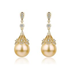 Golden South Sea Pearl  & CZ Luise Earrings - House Of Pearls Luxury Chic Yellow Gold Pearl Earrings, Elegant Kundan Pearl Earrings Luxury, Golden South Sea Pearls Earrings, Luxury Yellow Gold Earrings With Pearl Pendant, Luxury Yellow Pearl Drop Jewelry, Pearl Love, Golden South Sea Pearls