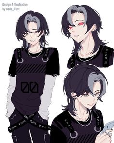 three different poses of an anime character with black hair and gray eyes, one is holding a