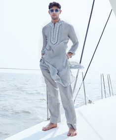 Abhinav Mishra Mens Wear, Men Kurta Designs Style 2024, Men’s Kurta, Wedding Outfits For Men, Applique Kurta, Shaadi Outfits, Kurta Designs Men's, Grey Kurta, Kurta And Pants