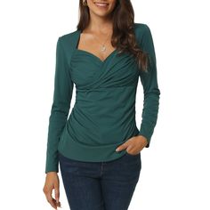 This wrap blouse can show your feminine style and create the illusion of a slimmer waistline, making you look more attractive in the crowd. This wrap-around v-neck top is perfect for transitioning seasons and has long sleeves to keep you warm on cooler days. Casual but cute blouse, perfect for work, vocations, weddings, and parties. Color T Shirt, Cute Blouses, Hoodie Coat, Green Outfit, Green Blouse, Wrap Blouse, Design T Shirt, Casual Blouse, Black Sleeveless