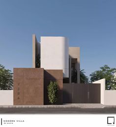 an architectural rendering of a modern villa on the corner of a street with trees and bushes