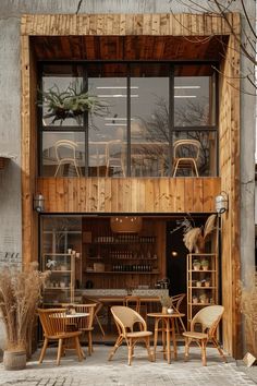 the outside of a restaurant with wooden tables and chairs