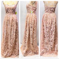 Windsor Formal Rose Gold Lace Overlay Embroidered Strapless Gown Sweetheart Neckline Size 9 - See Measurements In Pics. Has Some Stretch To Bodice. Beautiful Dress. Rose Gold / Blush / Mauve Lace Overlay With Gold Embroidered Detailing In Lace. Tried On Multiple Times But Never Worn To A Function. Nwt - Some Small Snags Throughout, Slightly Dingy At Bottom Hem And One Hanger Strap Has Been Snapped But Tied Back For Functionality. The Worst Snags And Hem Can Be Seen In Last Photos. Could Be Used Pink Gown With Lace Bodice For Spring, Glamorous Pink Gown For Spring, Pink Sweetheart Neckline Gown For Spring, Pink Lace Party Gown, Pink Lace Prom Gown, Pink Summer Gown With Sweetheart Neckline, Pink Sweetheart Neckline Gown, Pink Lace Evening Gown, Pink Feminine Gown With Sweetheart Neckline