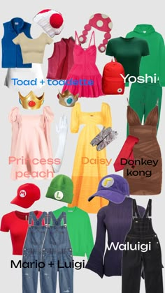 there are many different types of clothes and hats on this page, all in different colors