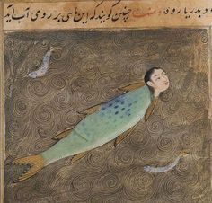 an illustration of a man floating in the water with fish around him and writing on it