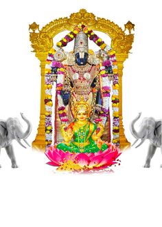 an elephant standing next to a statue of lord ganeshra on a white background