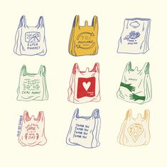 six bags with different designs on them, each one has a heart in the middle