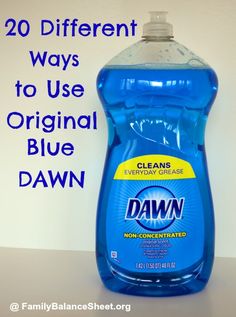 a bottle of dawn deterant sitting on top of a table with the words, 20 different ways to use original blue dawn