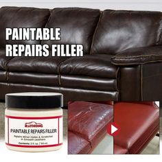 a brown leather couch with the words paintable repairs filler next to it