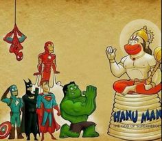 an image of many superheros standing around in front of a sign that says hanu maa