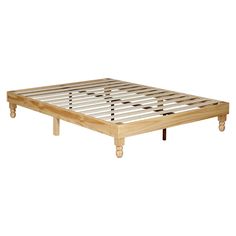 a wooden bed frame with four legs and no headboard on the bottom, in front of a white background