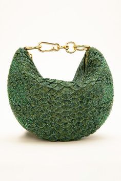 Sage green bag with Japanese bugle beads hand embroidery in scallop pattern. Comes along with a detachable chain strap. - Aza Fashions Green Evening Bags With Chain Strap, Green Beaded Bags For Parties, Green Beaded Bag For Party, Green Beaded Shoulder Bag For Everyday Use, Luxury Green Evening Bag With Detachable Handle, Luxury Green Handheld Evening Bag, Green Beaded Pouch Shoulder Bag, Green Top Handle Evening Bag With Removable Pouch, Luxury Green Evening Bag With Removable Pouch