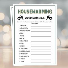 a housewarming word scramble on a table