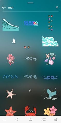 an iphone screen with various stickers on the bottom and bottom, including sea animals