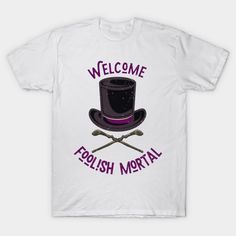 a white t - shirt with a top hat and crossed swords that says welcome to polish memorial