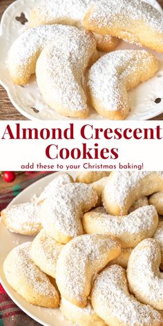 there is a plate full of almond crescent cookies with the words almond crescent cookies above it