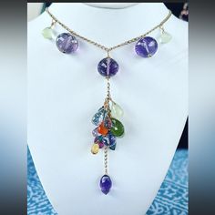 Hand Crafted Gf Multi Gemstone Necklace Amethyst, Citrine, Topaz, Prehnite, Tanzanite, Carnelian, Peridot Luxury Amethyst Multi-stone Necklace, Luxury Multi-stone Amethyst Necklace, Amethyst Briolette Necklace With Gemstone Accents, Purple Multi-stone Pendant Necklace, Luxury Multicolor Amethyst Gemstones, Multicolor Briolette Amethyst Jewelry, Briolette Amethyst Natural Stone Gemstones, Purple Multi-stone Pendant Gemstones, Multi-stone Amethyst For Jewelry Making