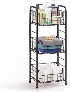 three tiered bathroom shelf with soap, toiletries and towels